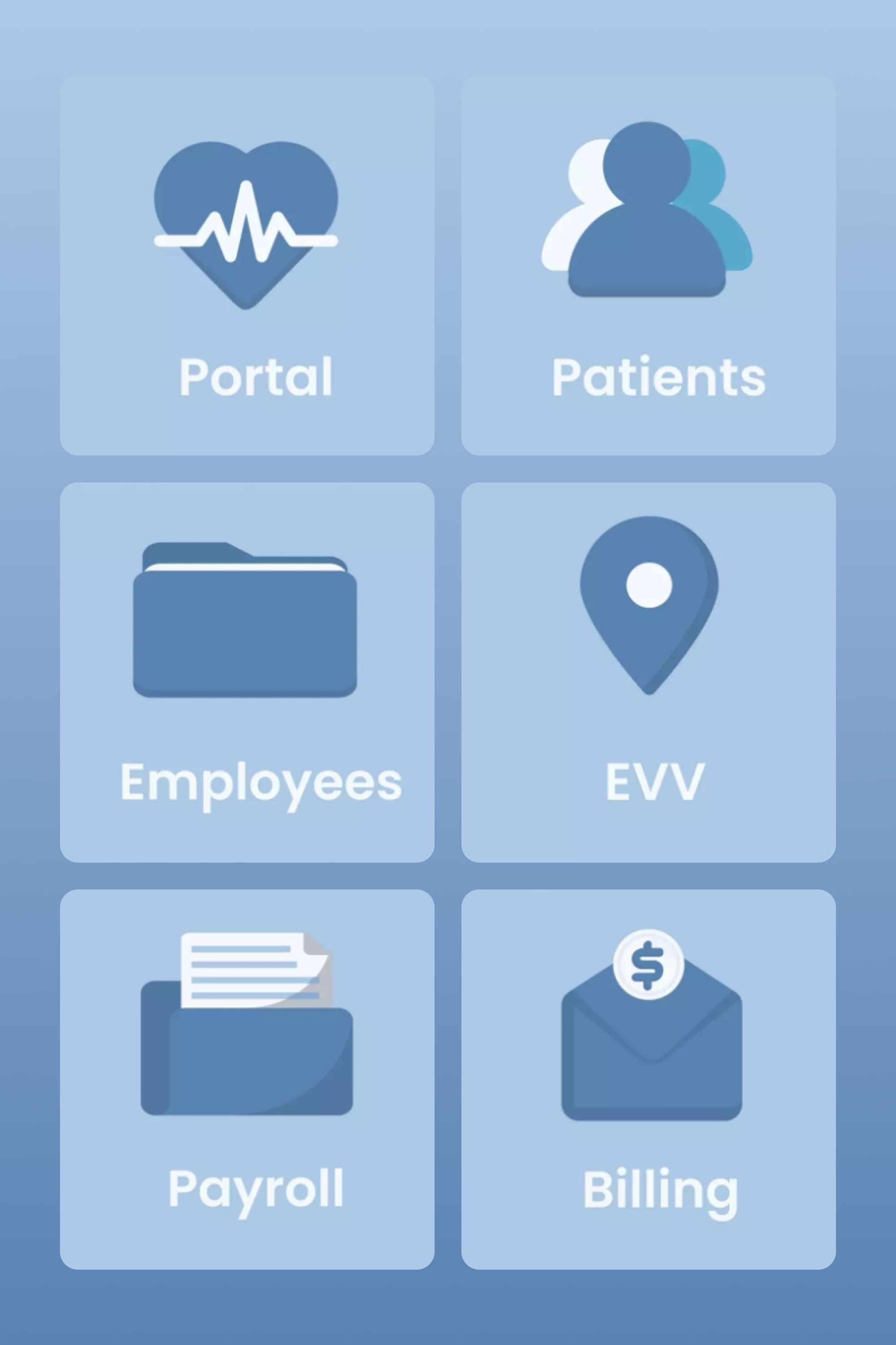 Blue and white icons for business applications on a blue background