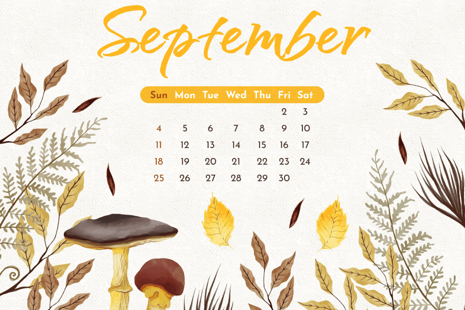 Mushroom September Editable Calendar.