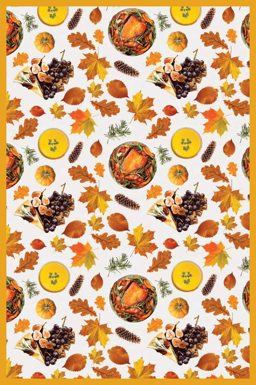 Cones, autumn leaves, pumpkins, grapes on a white background.