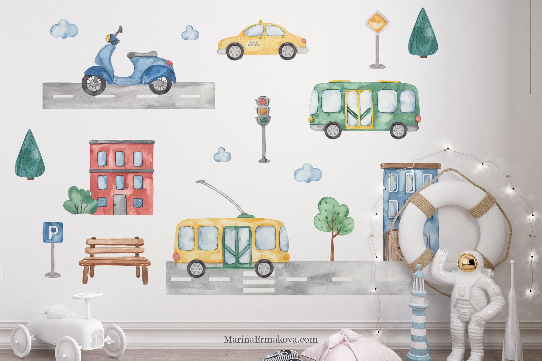 Cool urban transport illustrations on the wall.