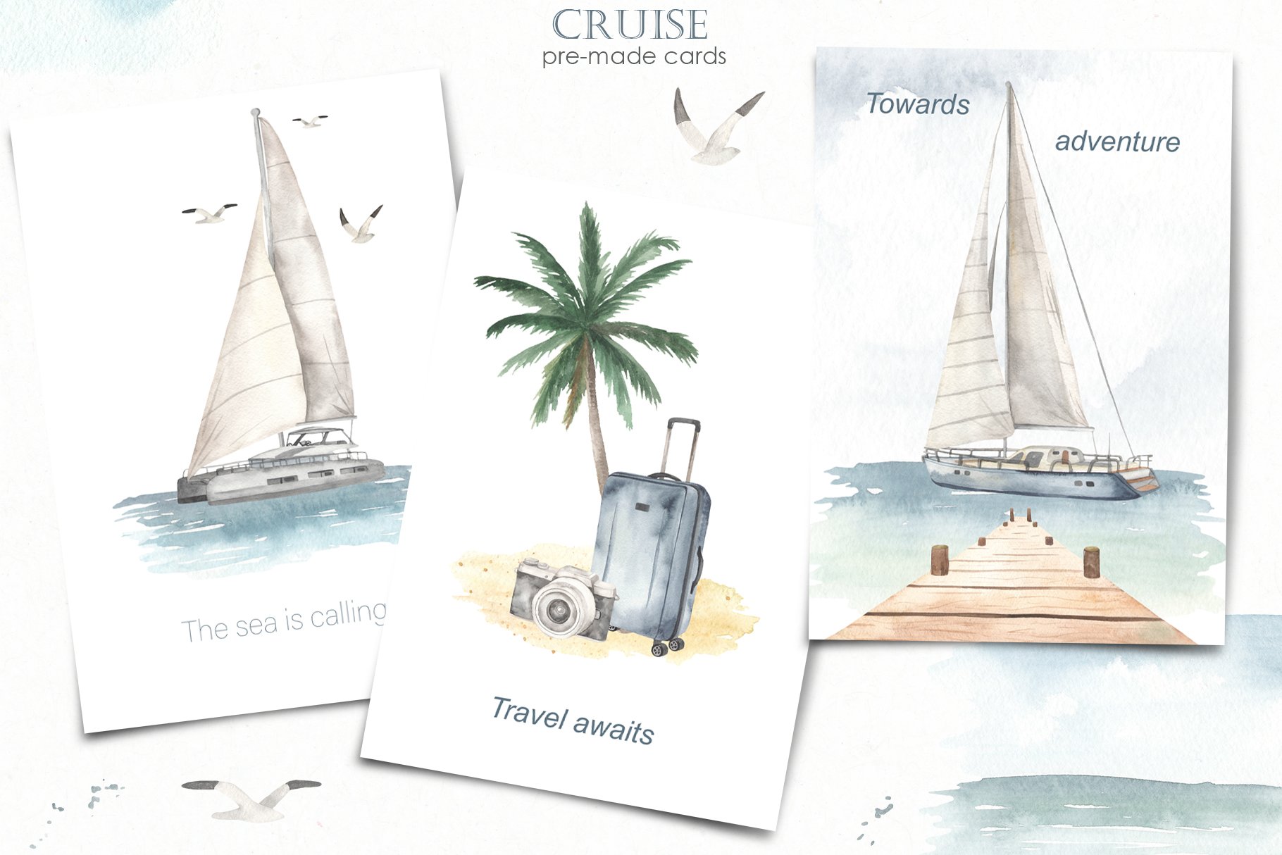 Watercolor sea cruise pre made cards for you.