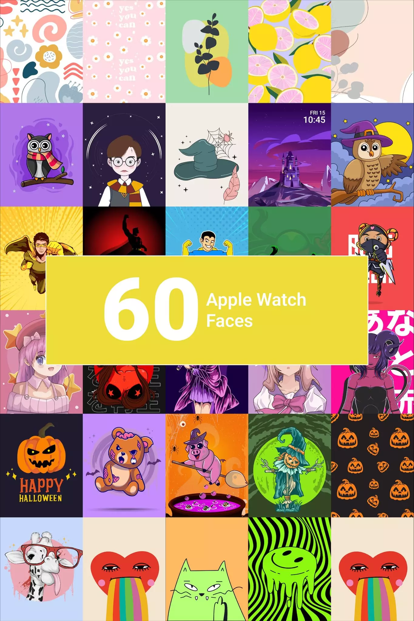 Collage with many cases of apple watch faces.