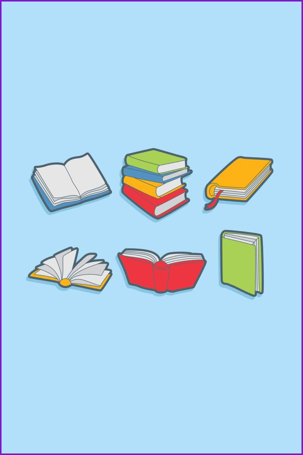 Drawn books open, with a bookmark, in a stack with colorful covers.