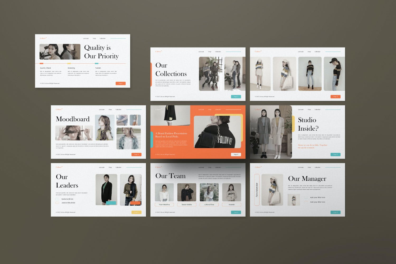 The main color of the template is grey and orange elements are added to the slides.