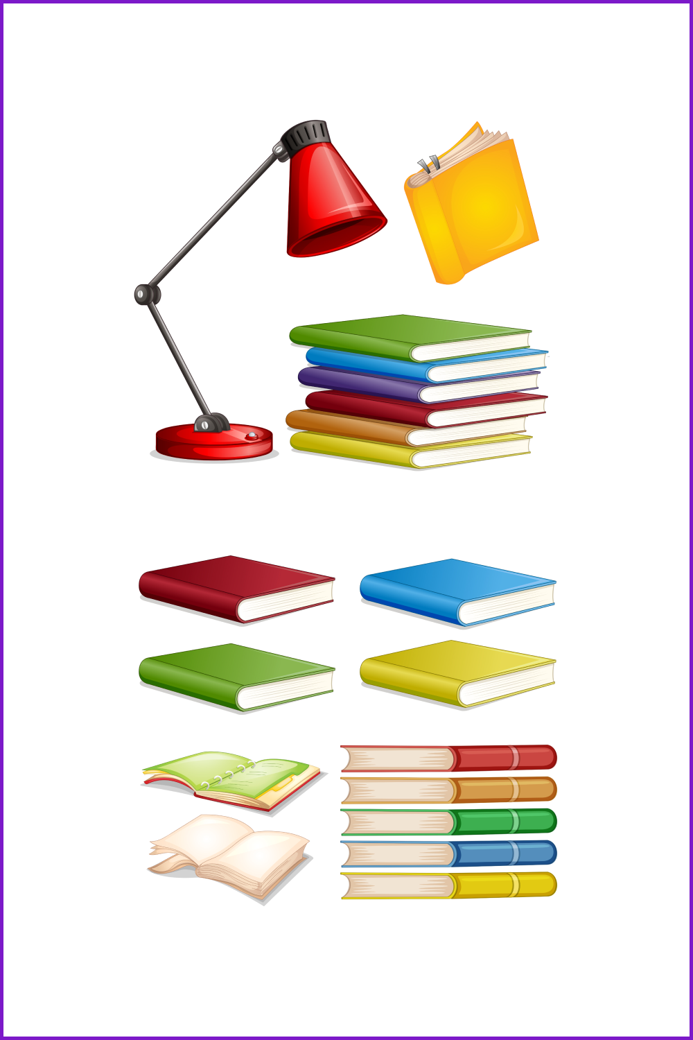 Drawn multi-colored books in stacks and separately and a table lamp.
