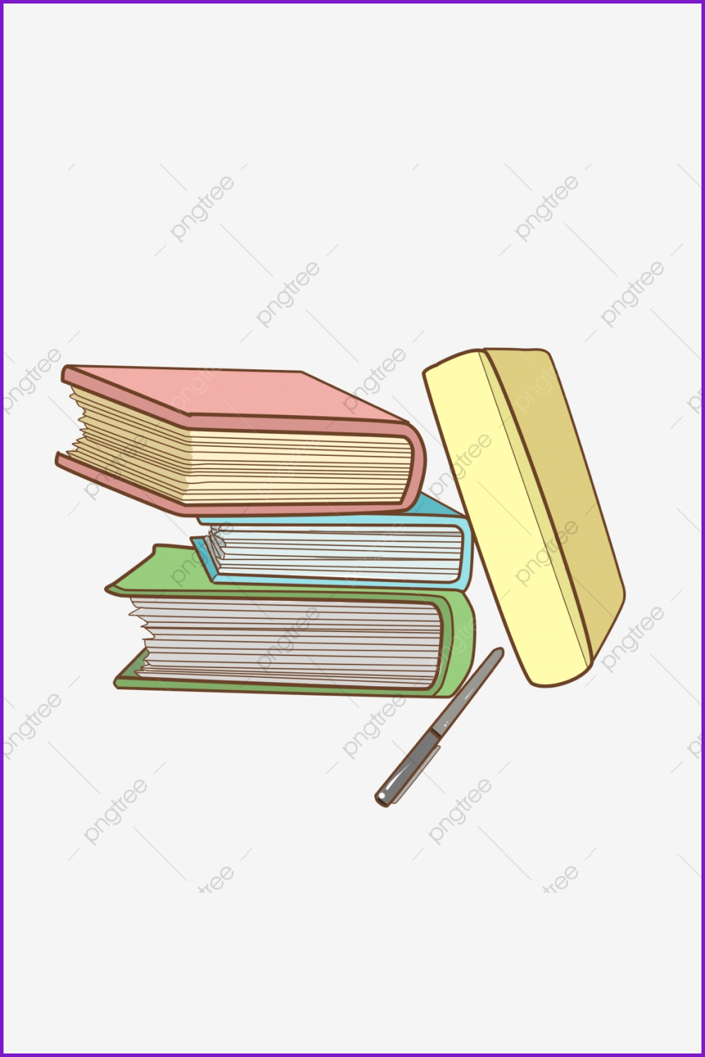 Stack of thick drawn multicolored books with ballpoint pen.