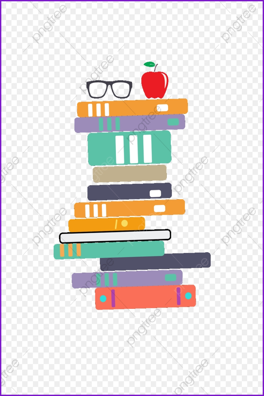 Stack of thick drawn colorful books with glasses and apples.