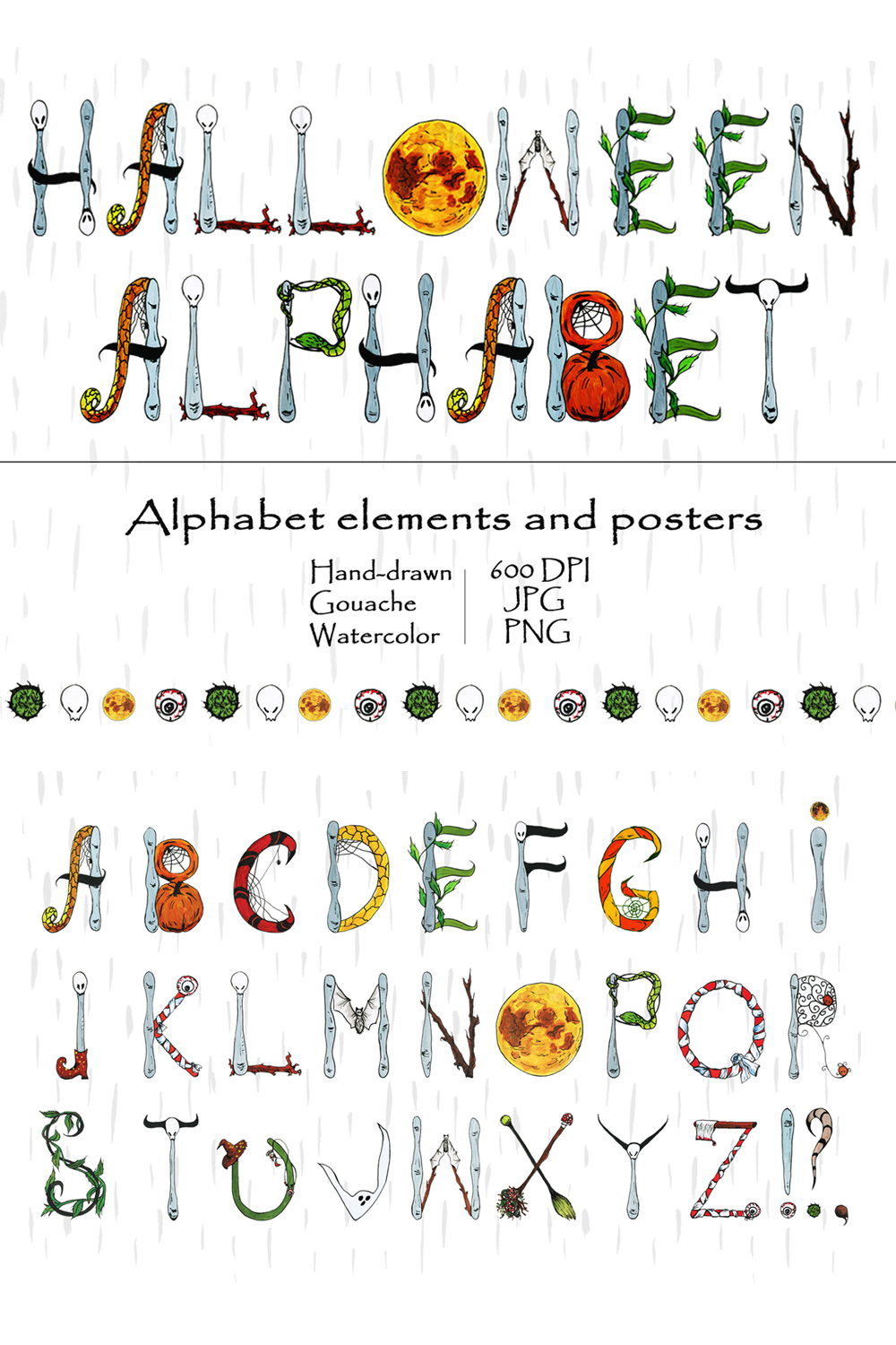 Set Of Watercolor Halloween Alphabet Elements And Pre Made Posters Pinterest Image.
