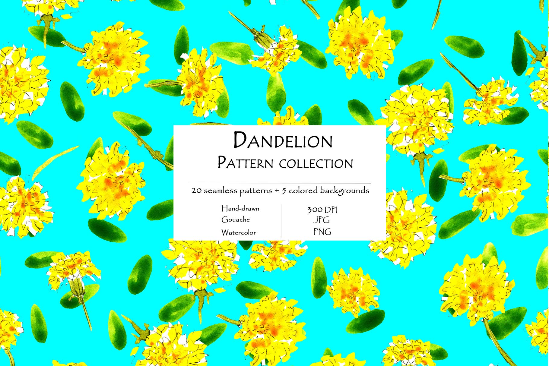 Dandelion Pattern Collection Of 20 Seamless Patterns And 5 Colored Background Blue Background.