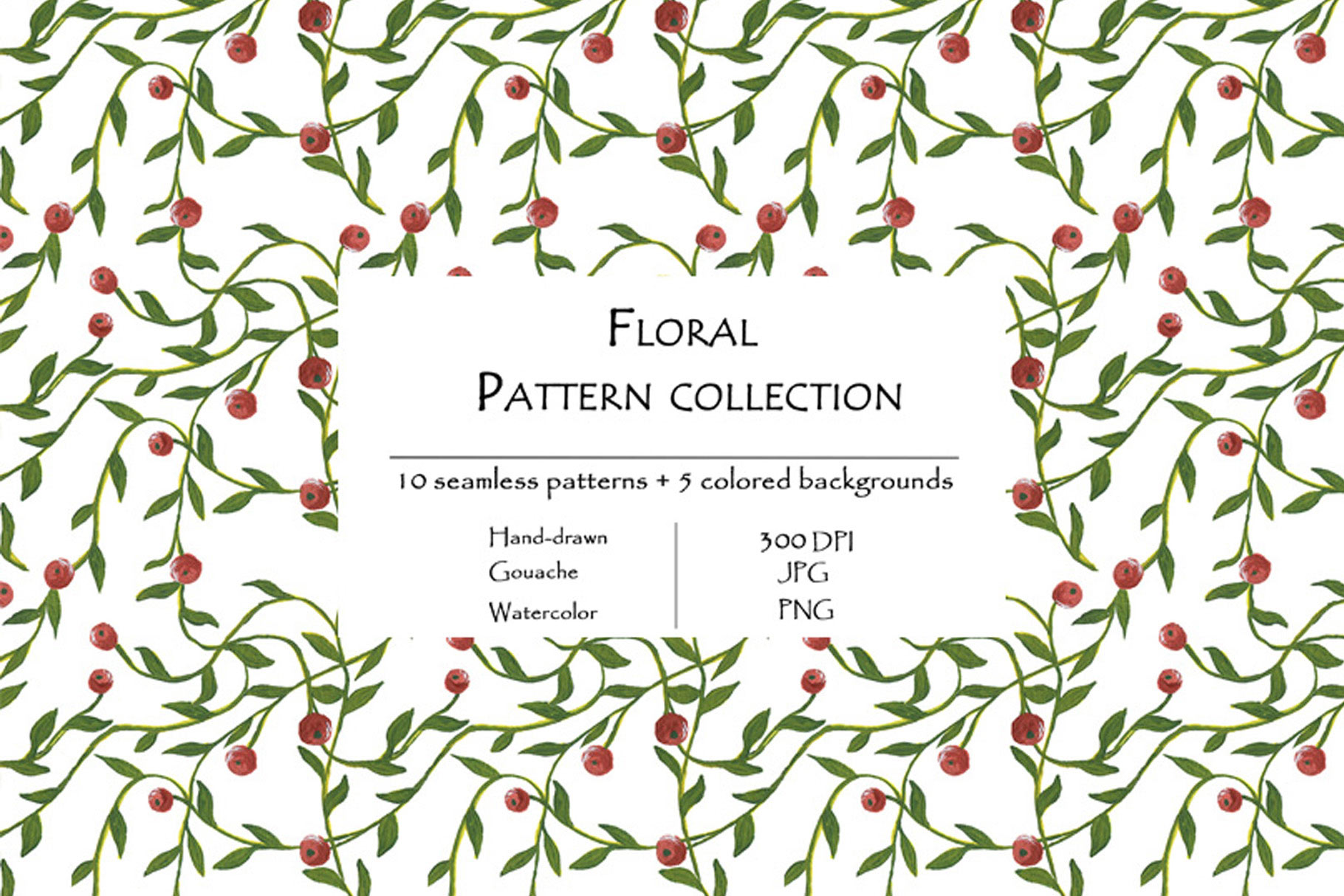 Floral Pattern Collection Of 10 Seamless Patterns And 5 Colored Backgrounds.