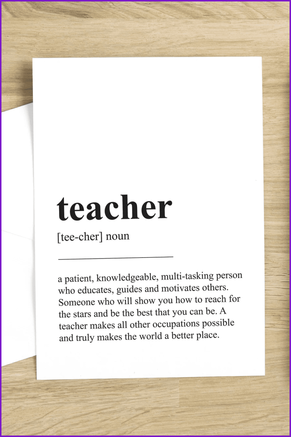 Postcard with text from wikipedia about the teacher on a white background.