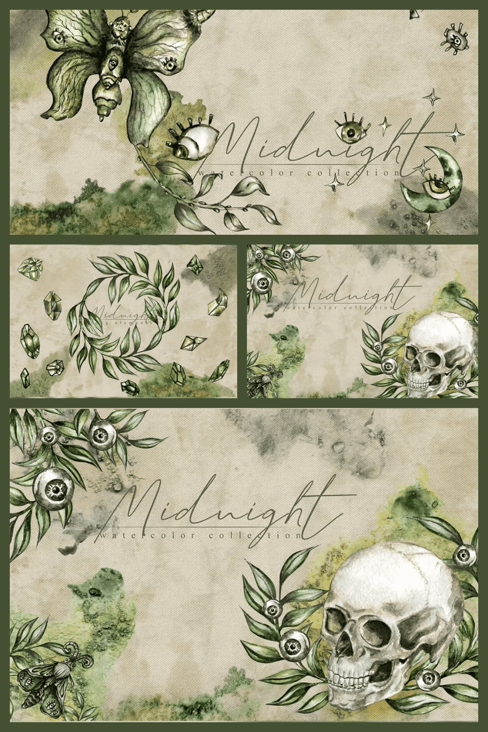 Collage of images of a skull and leaves on a green background.