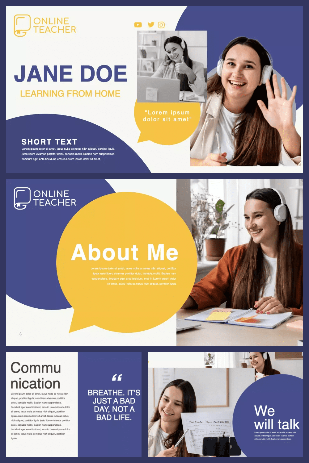 Screenshots of template pages with blue and white backgrounds, student photos, and yellow accents.