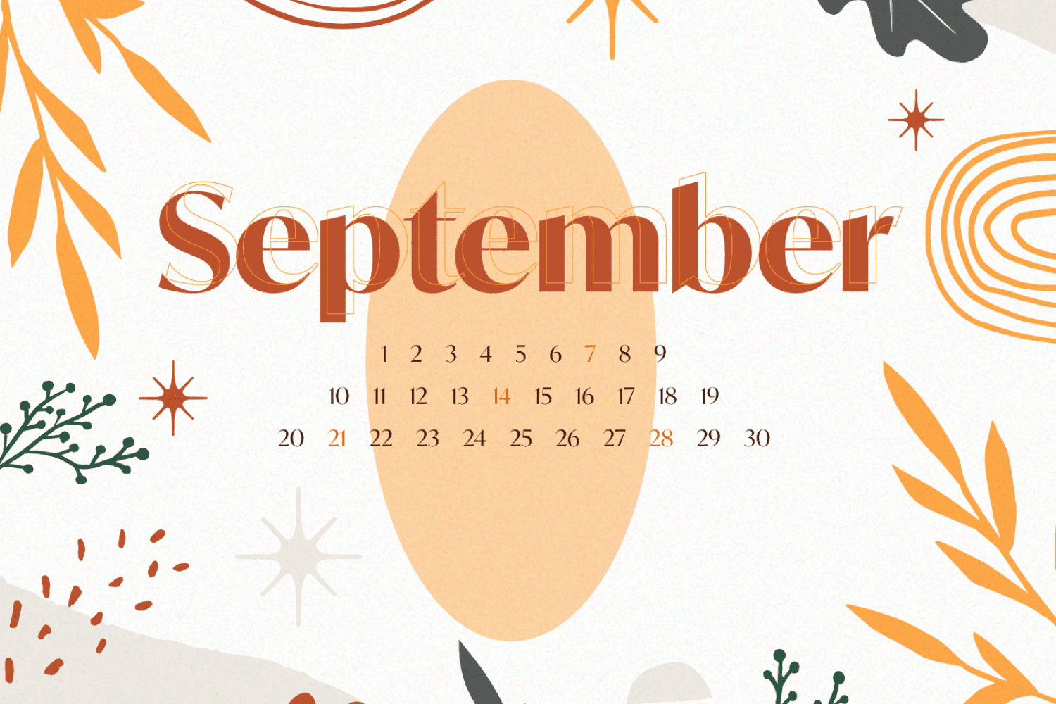 Vector Leaves September Editable Calendar.