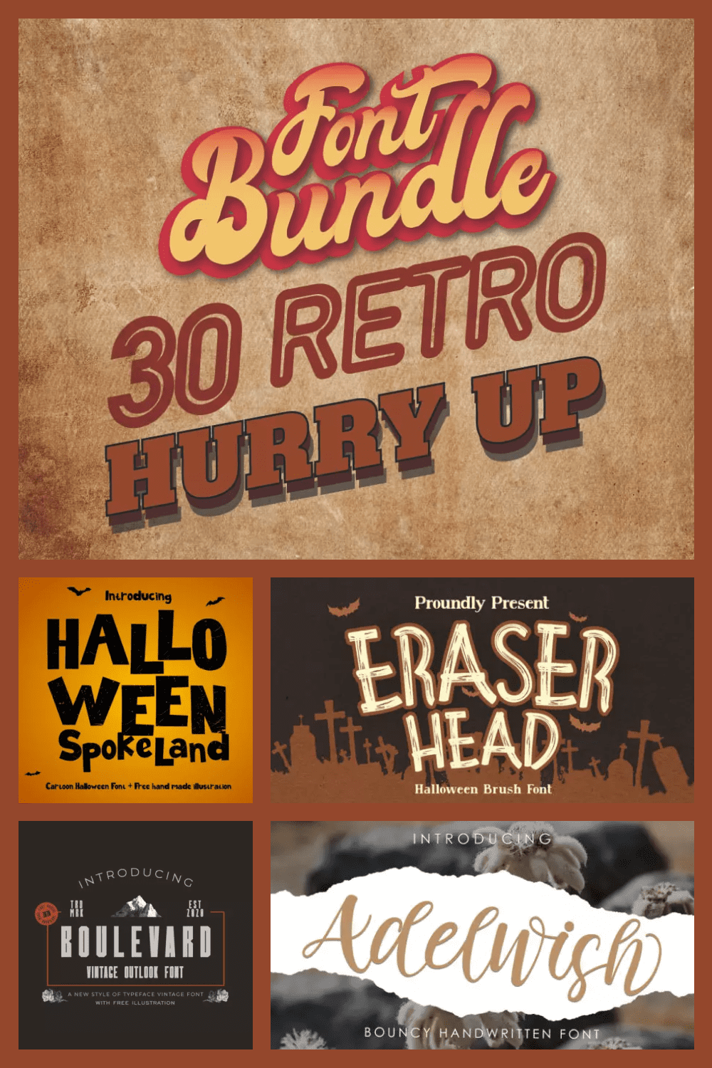 Collage of images with retro fonts on a brown background.