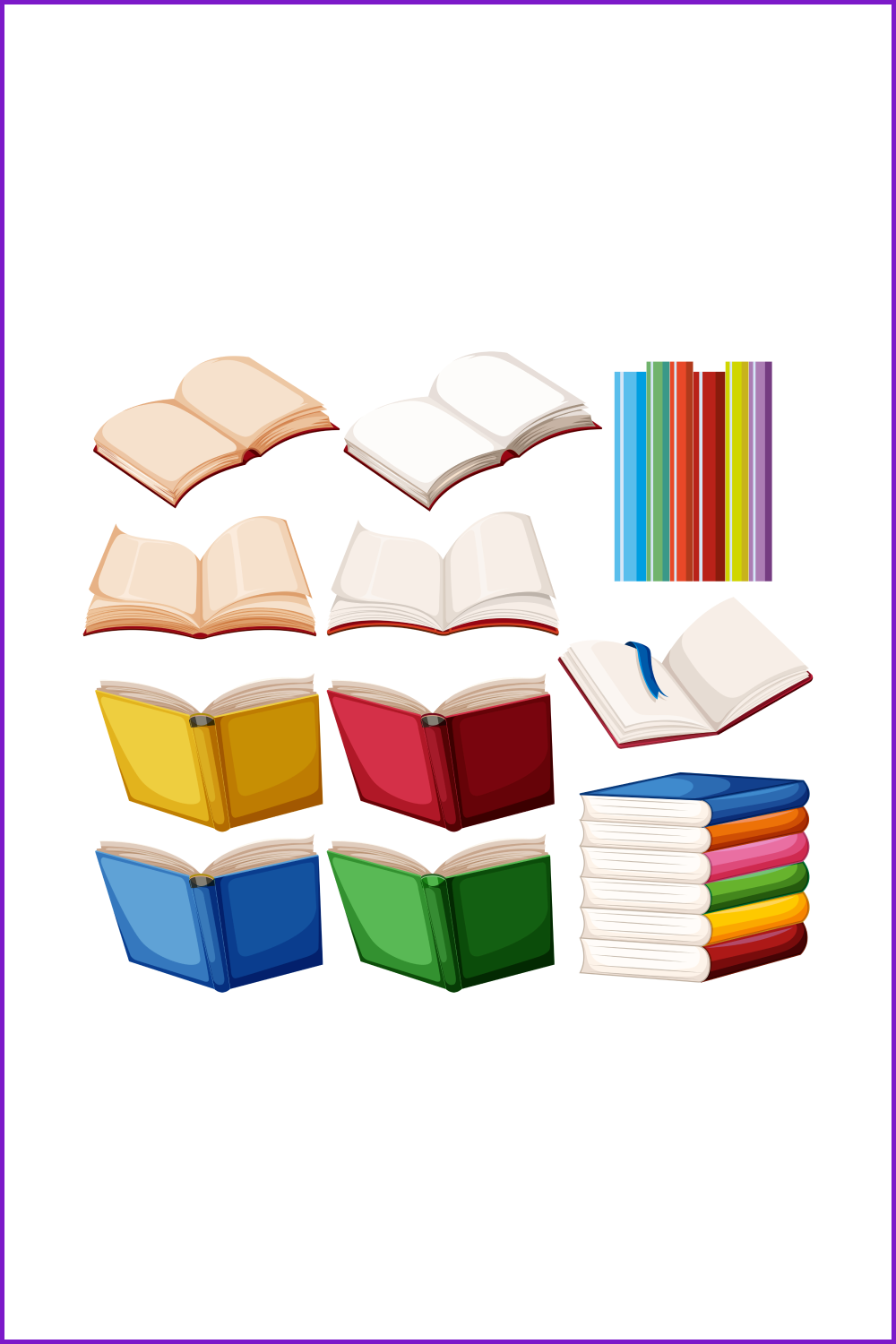 Books with colorful covers in different positions with white and yellow pages.