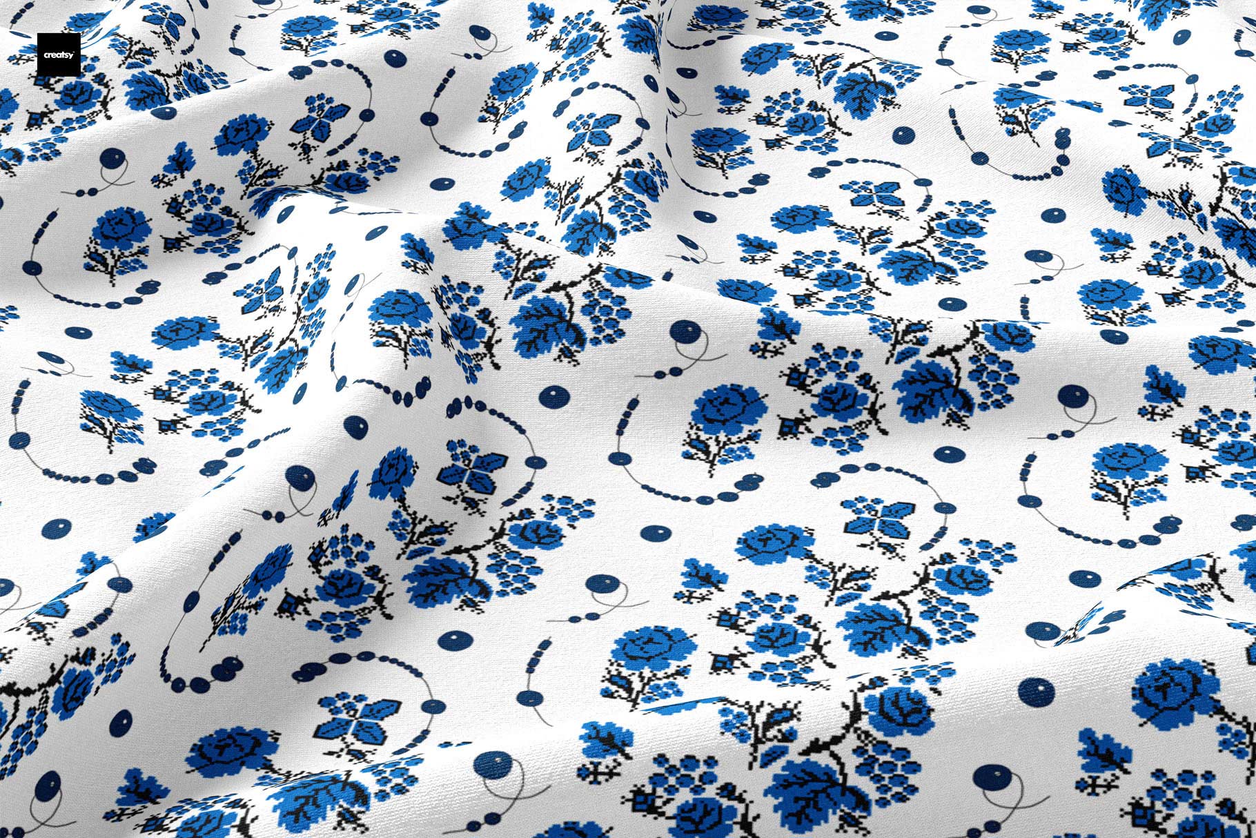 Ukrainian National Motifs And Shapes Fabric Blue Print.
