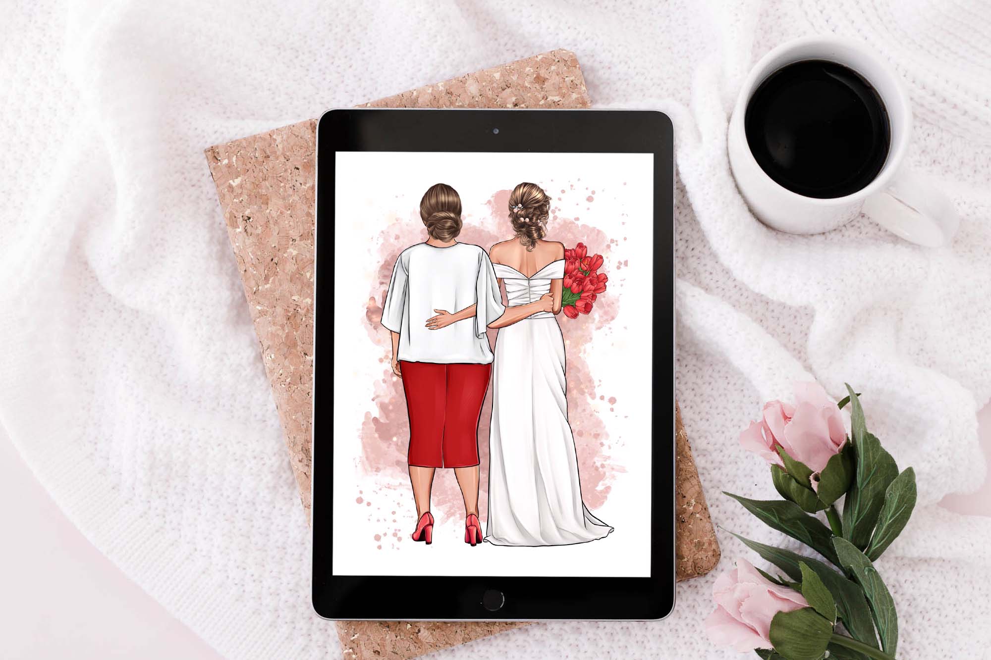 Wedding Clipart, Bride and Mom tablet mockup.