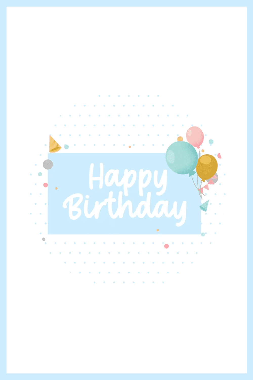 Blue rectangle with white text with balloons on a white background.