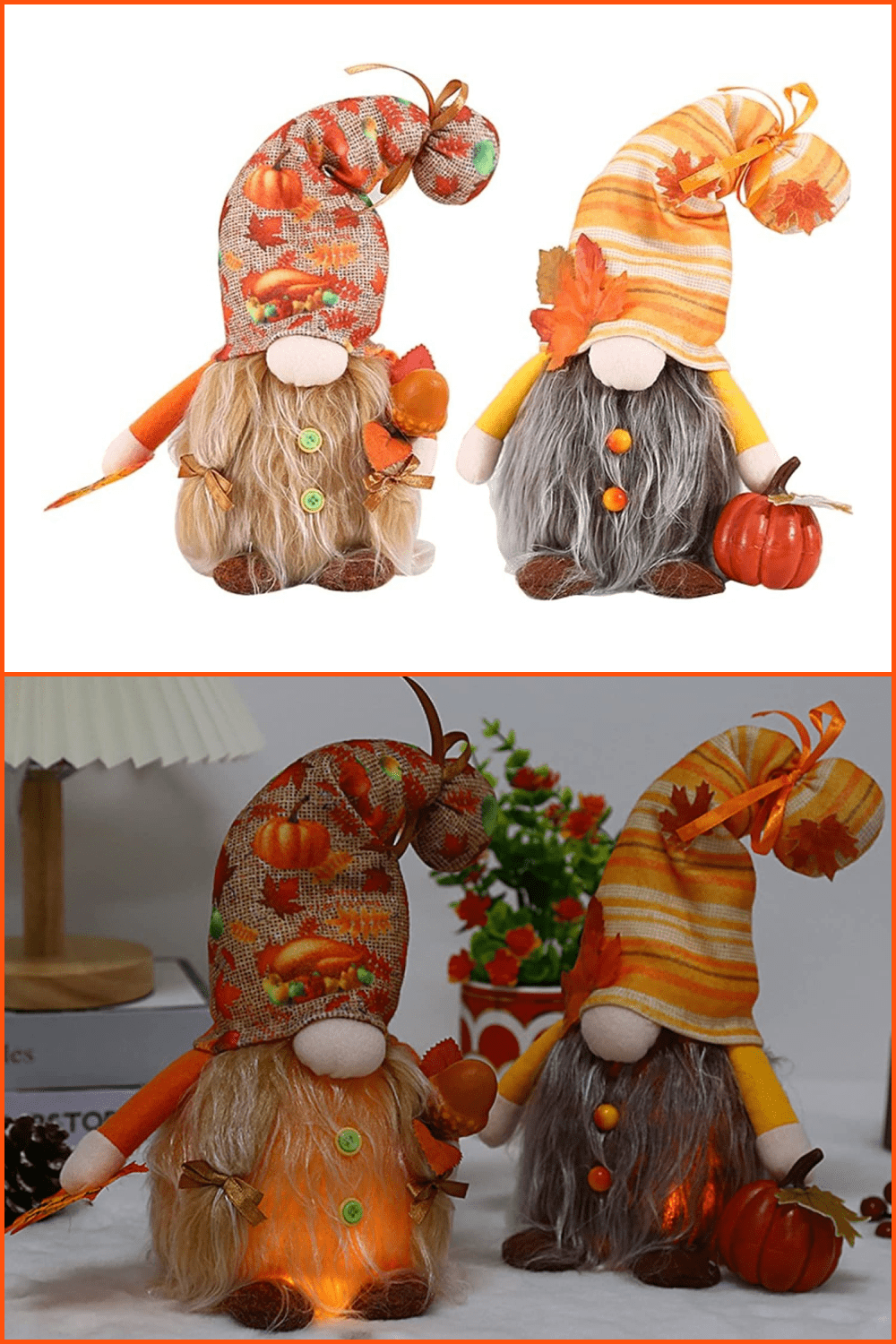 Collage of photos of two small handmade elfs.