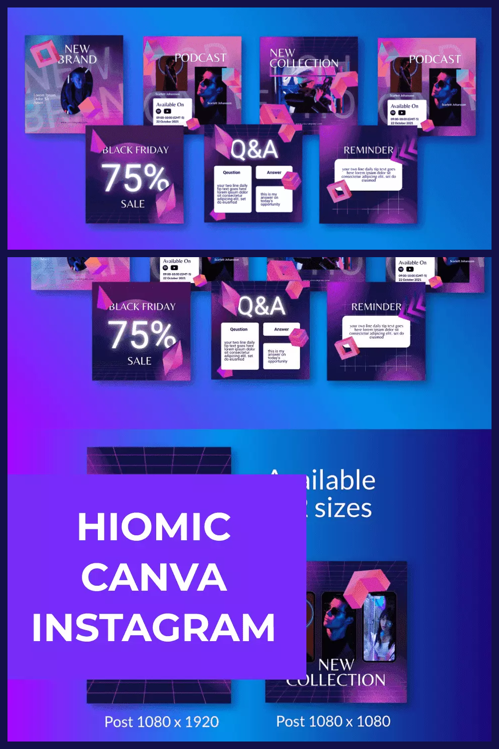 Collage of flyers in purple on a blue background.