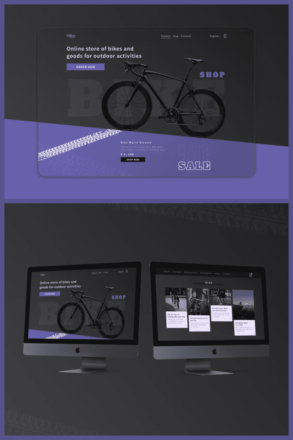 Screenshot of a website page with photos of a bicycle on a dark background.