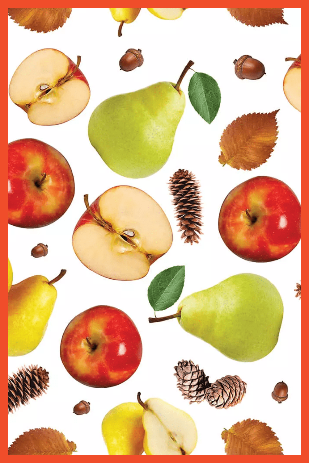 Fir cones, apples and pears on a white background.