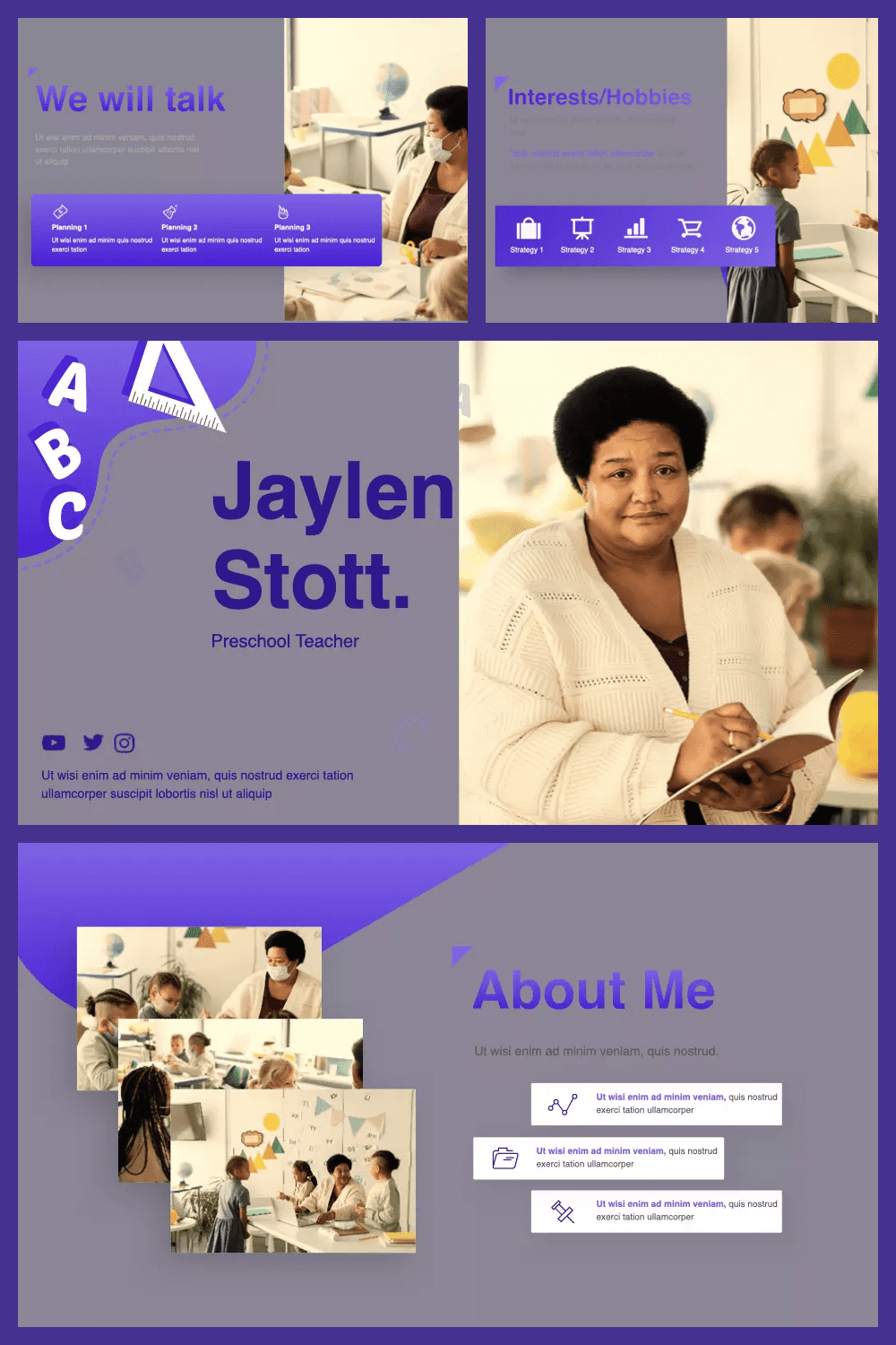 Screenshots of the template pages with a gray background and photos of the teacher.