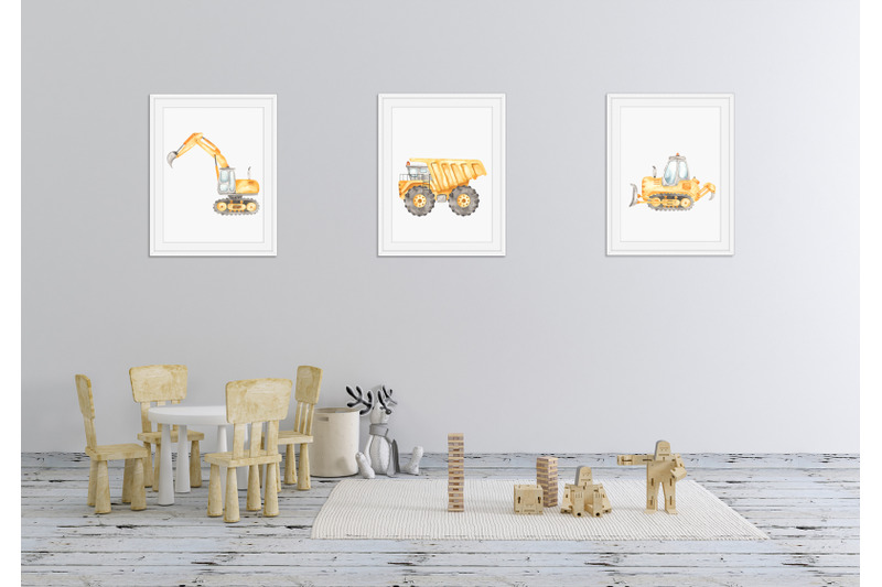 Construction cars on a white classic poster.