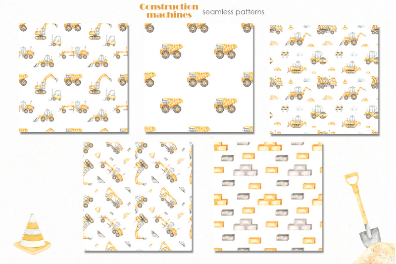 Patterns with different prints of construction cars.
