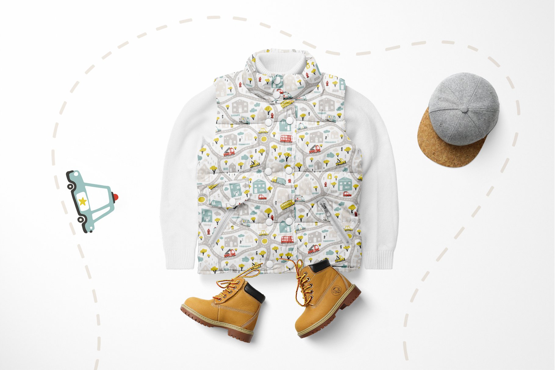 Stylish kid's clothes with car illustration.