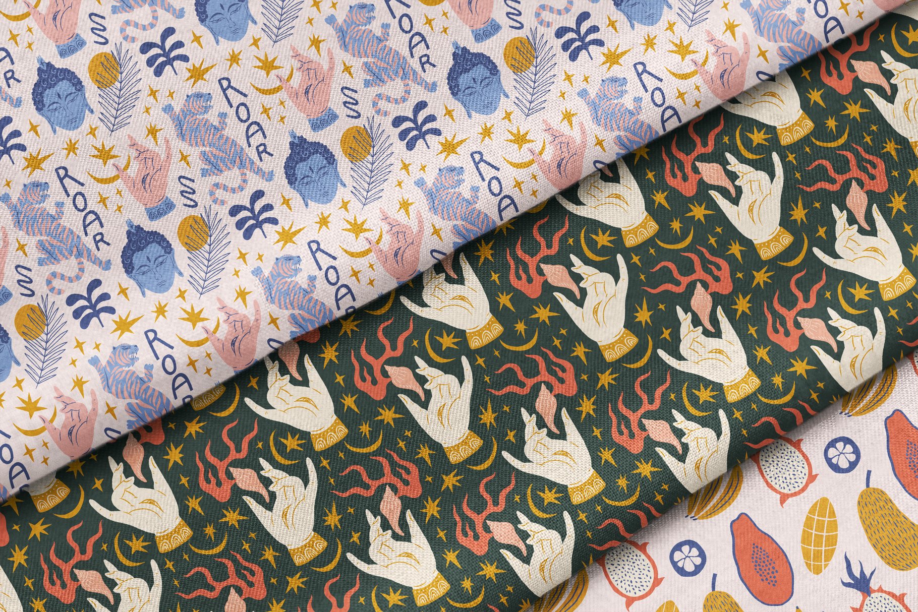 Luxury fabrics with Asian prints.
