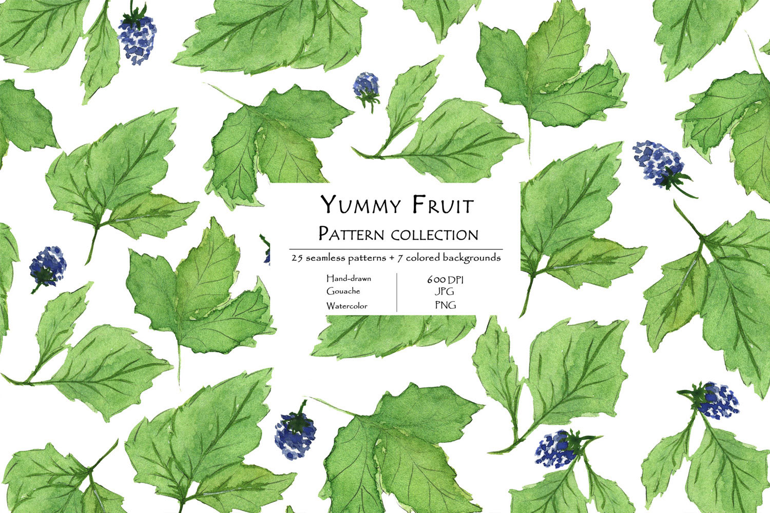 Yummy Fruit Pattern Collection With 25 Seamless Patterns And 7 Backgrounds Leaves Example.
