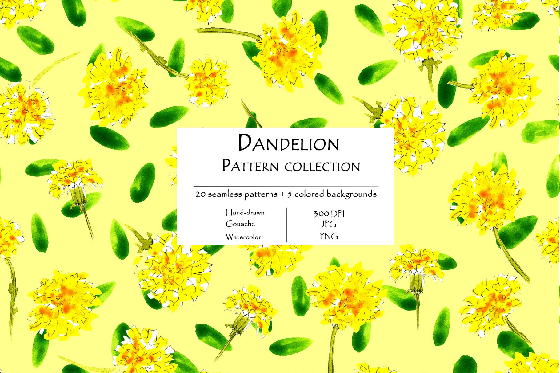 Dandelion Pattern Collection Of 20 Seamless Patterns And 5 Colored Background Yellow Background.