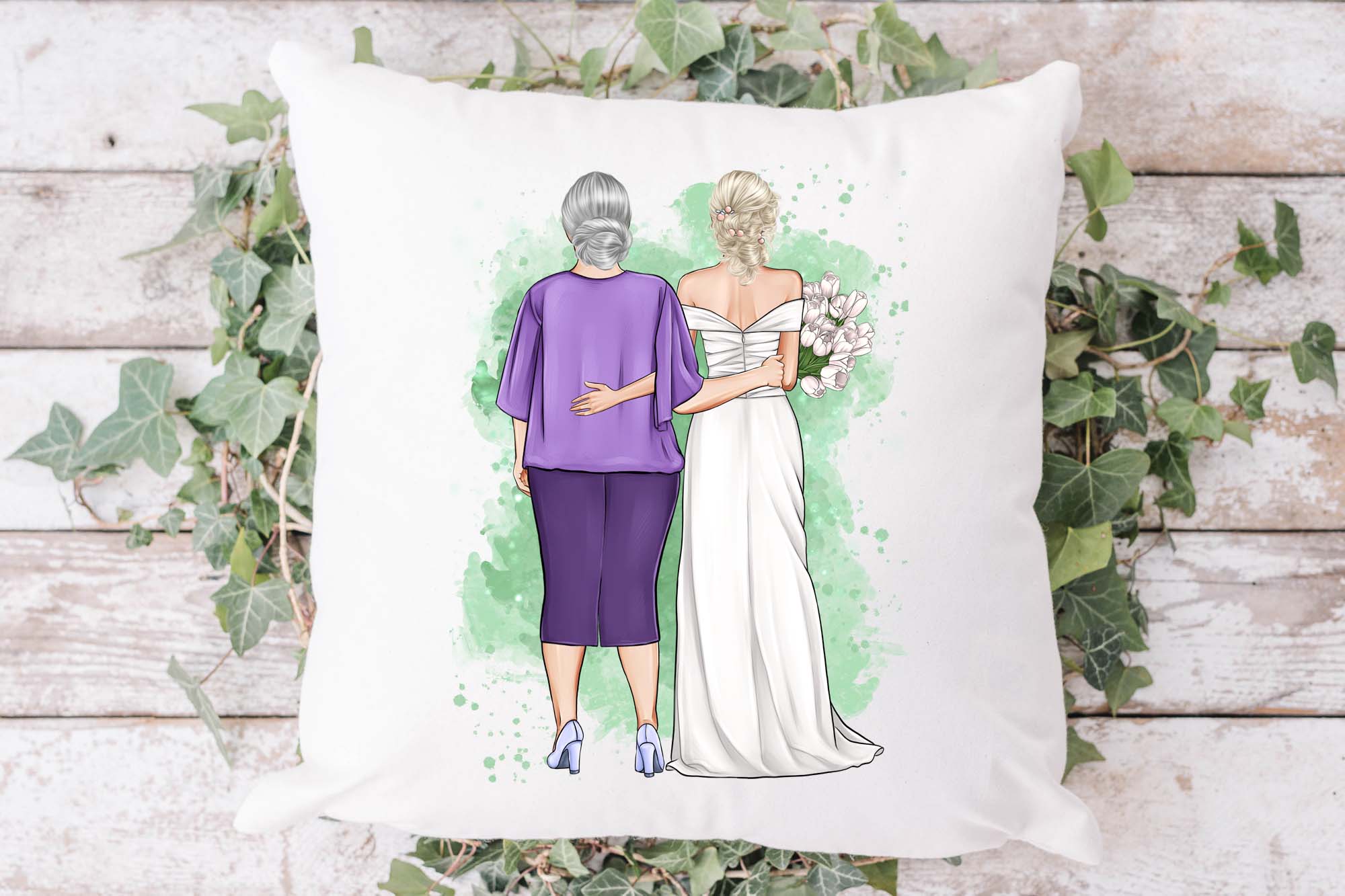 Wedding Clipart, Bride and Mom pillow mockup.