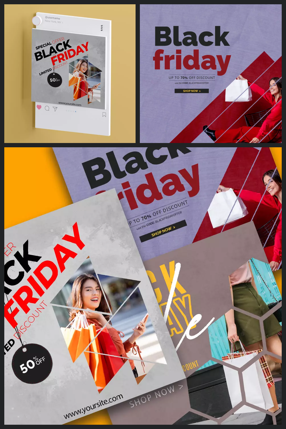 Collage of post templates for instagram with the inscription Black Friday.