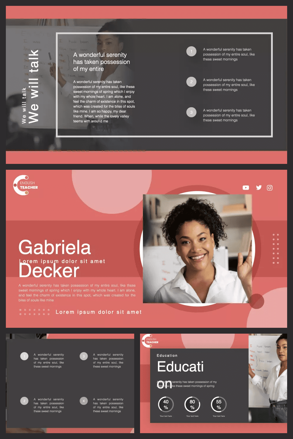 Screenshots of template pages with gray background and red background and photos of the teacher.