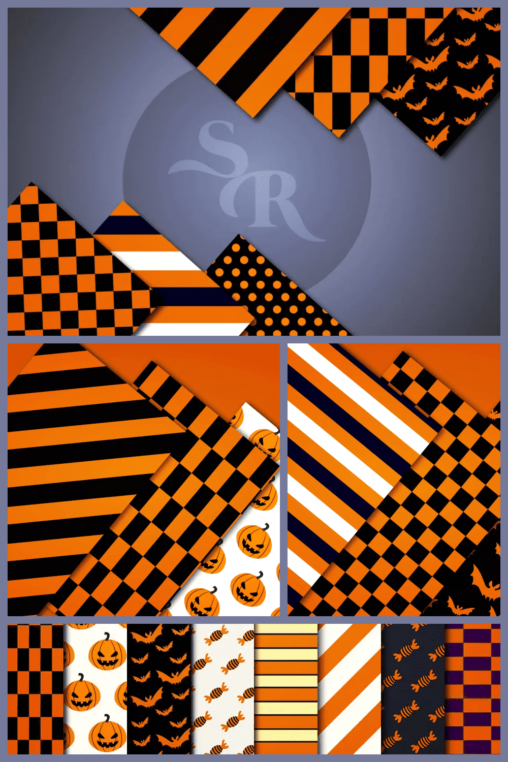 Collage of images of black and orange wrapping paper with pumpkins and bats.