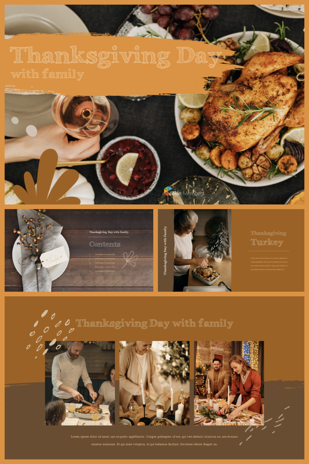 Collage of screenshots of the presentation pages with family photos on the background of a turkey on the table.