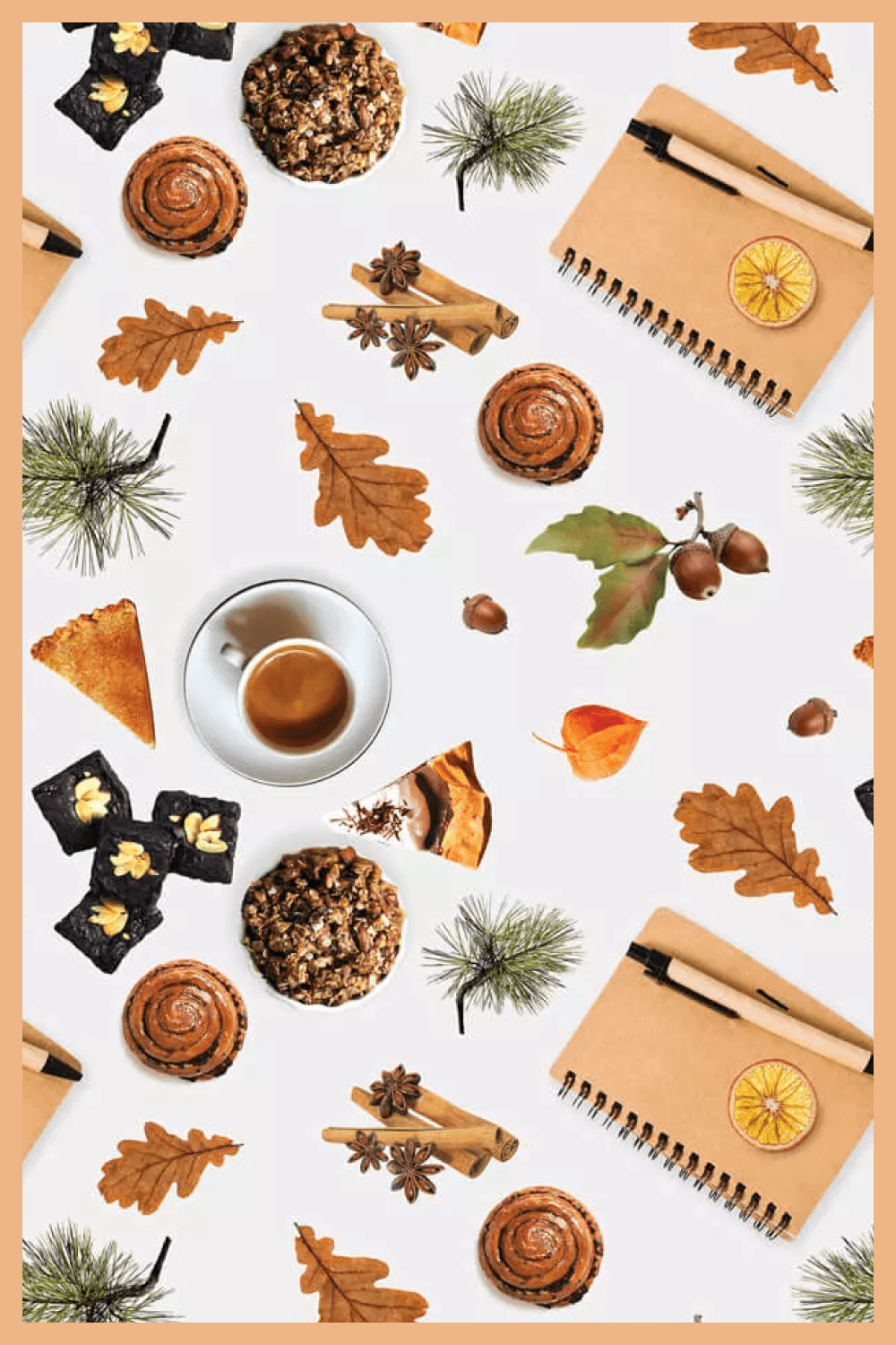 Pine twigs, coffee, notepad, oak leaves and acorns on a white background.