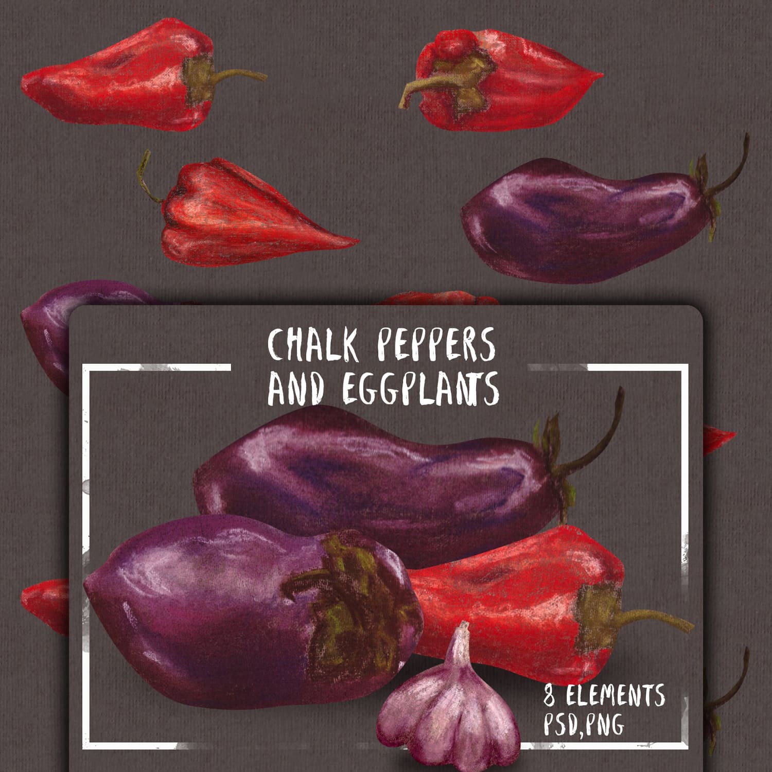Chalk peppers ang eggplants set cover.