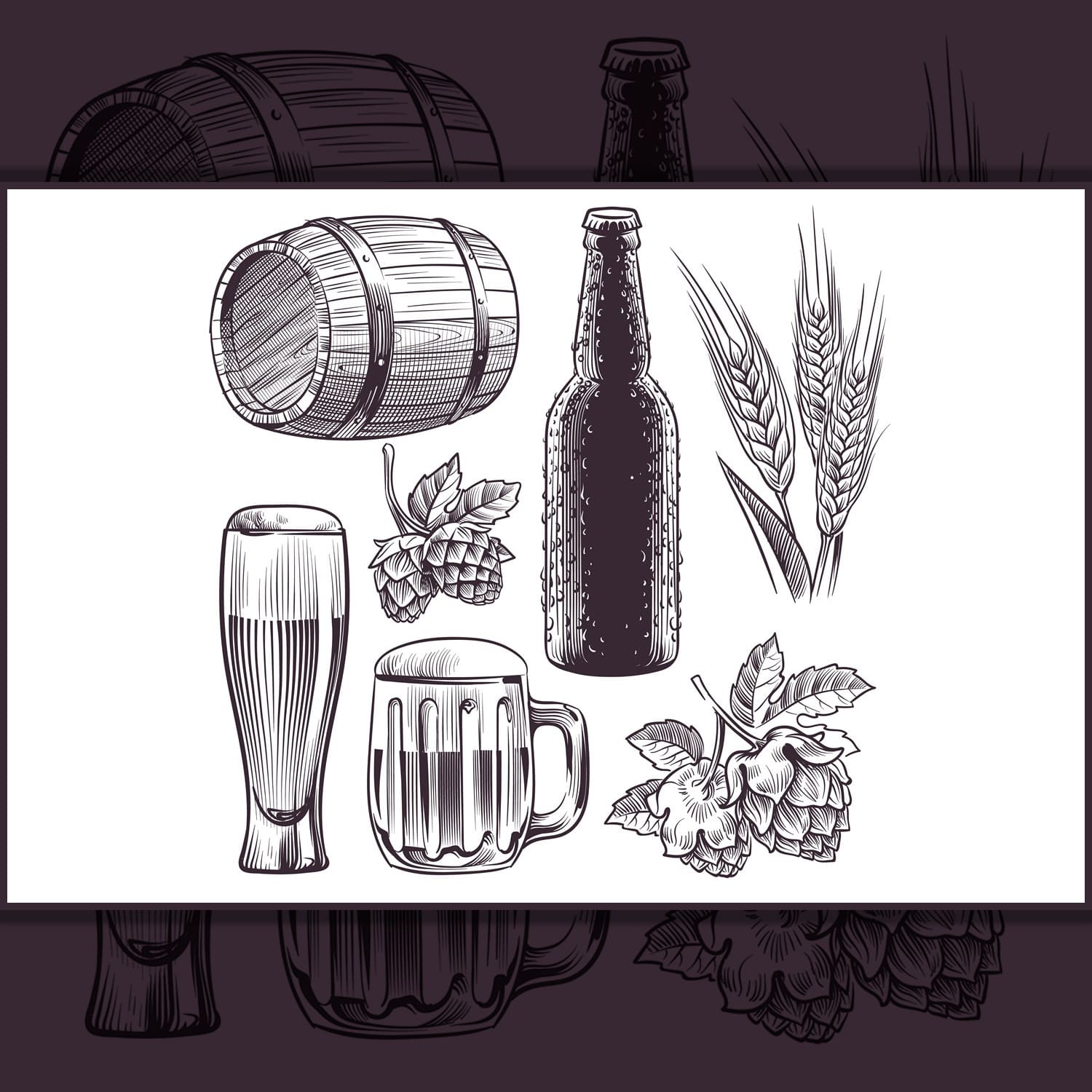 Hand drawn beer. Mug, barrel and beer glass and bottle, whea cover.