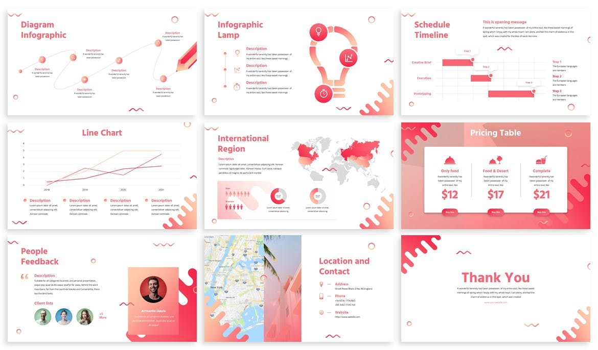 Diagram infographics, timeline, charts, maps, pricing table, contacts information.