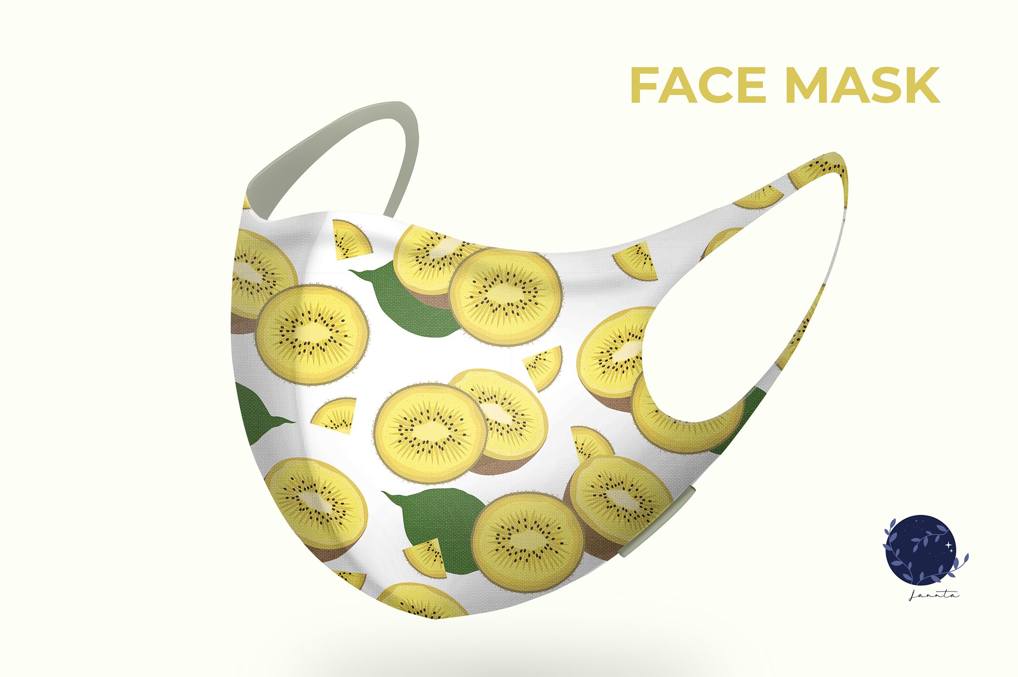 White face mask with yellow kiwis graphics.