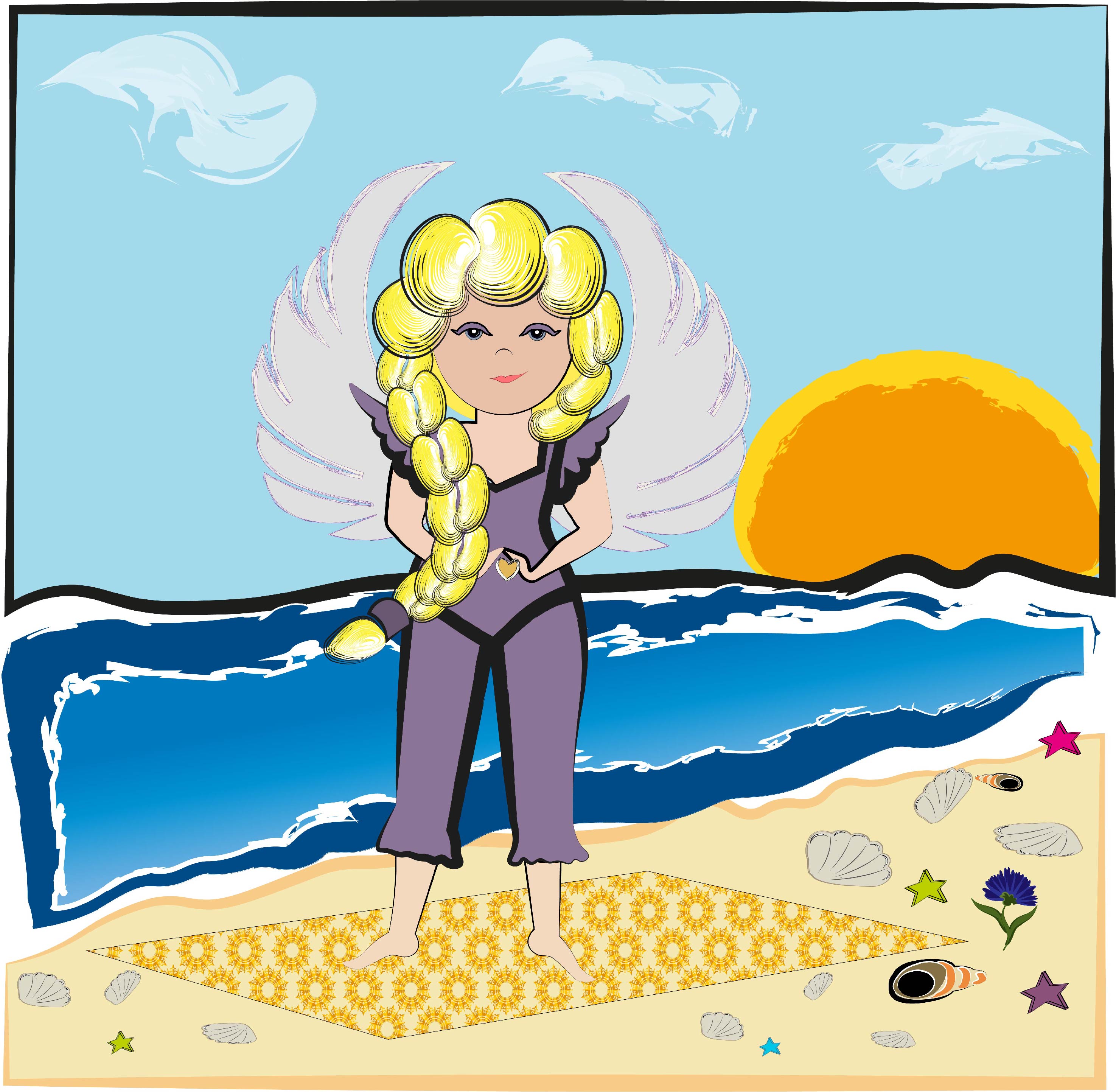 Cute Little Angel Character for Children's Fairy Tale, angel and sunset deign.