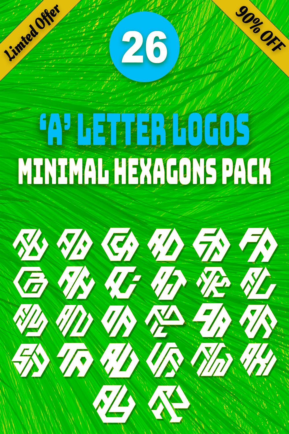 26 A Letter Logos | Minimal Hexagons Pack pinterest image.