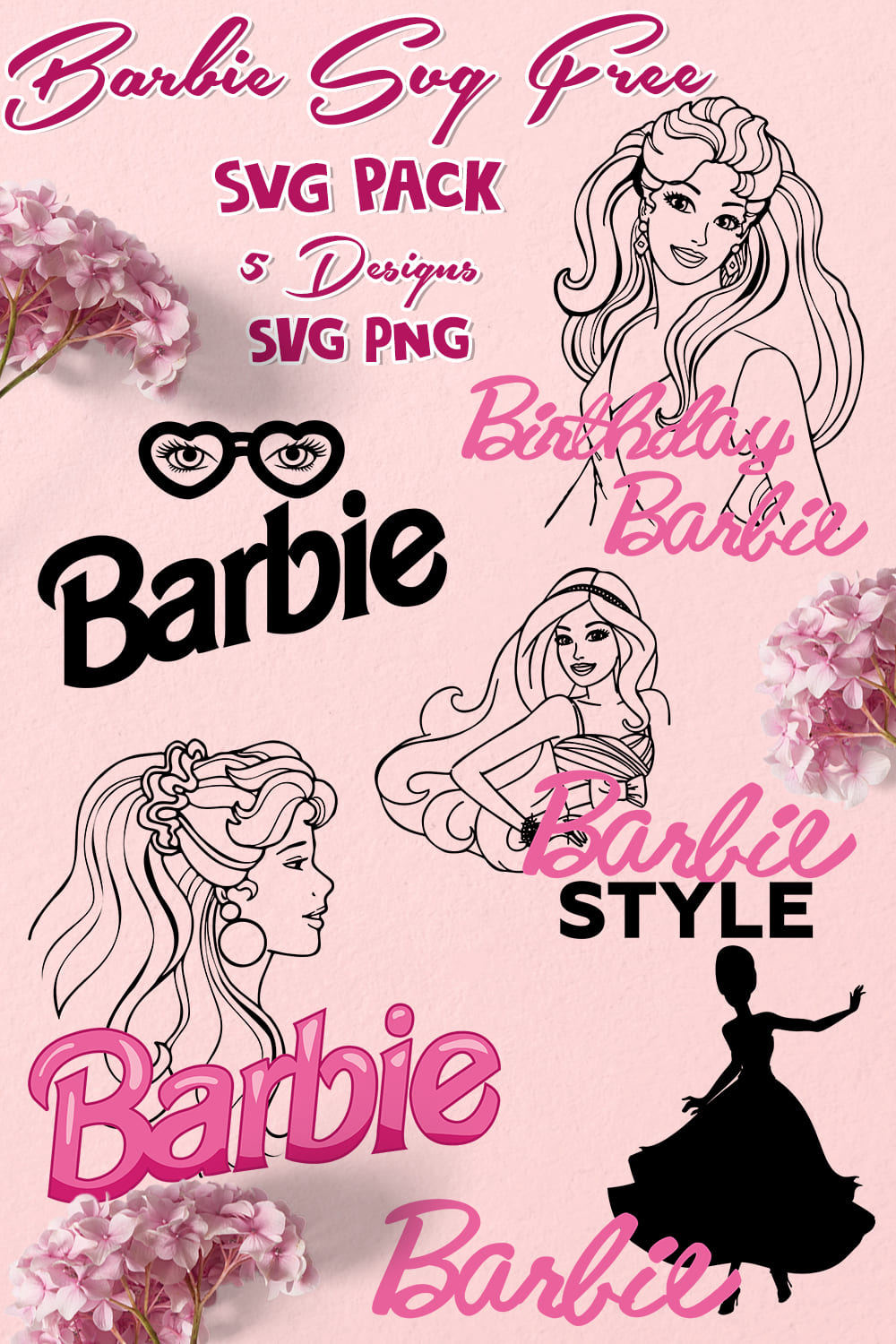 Pink background with different barbies and lettering.