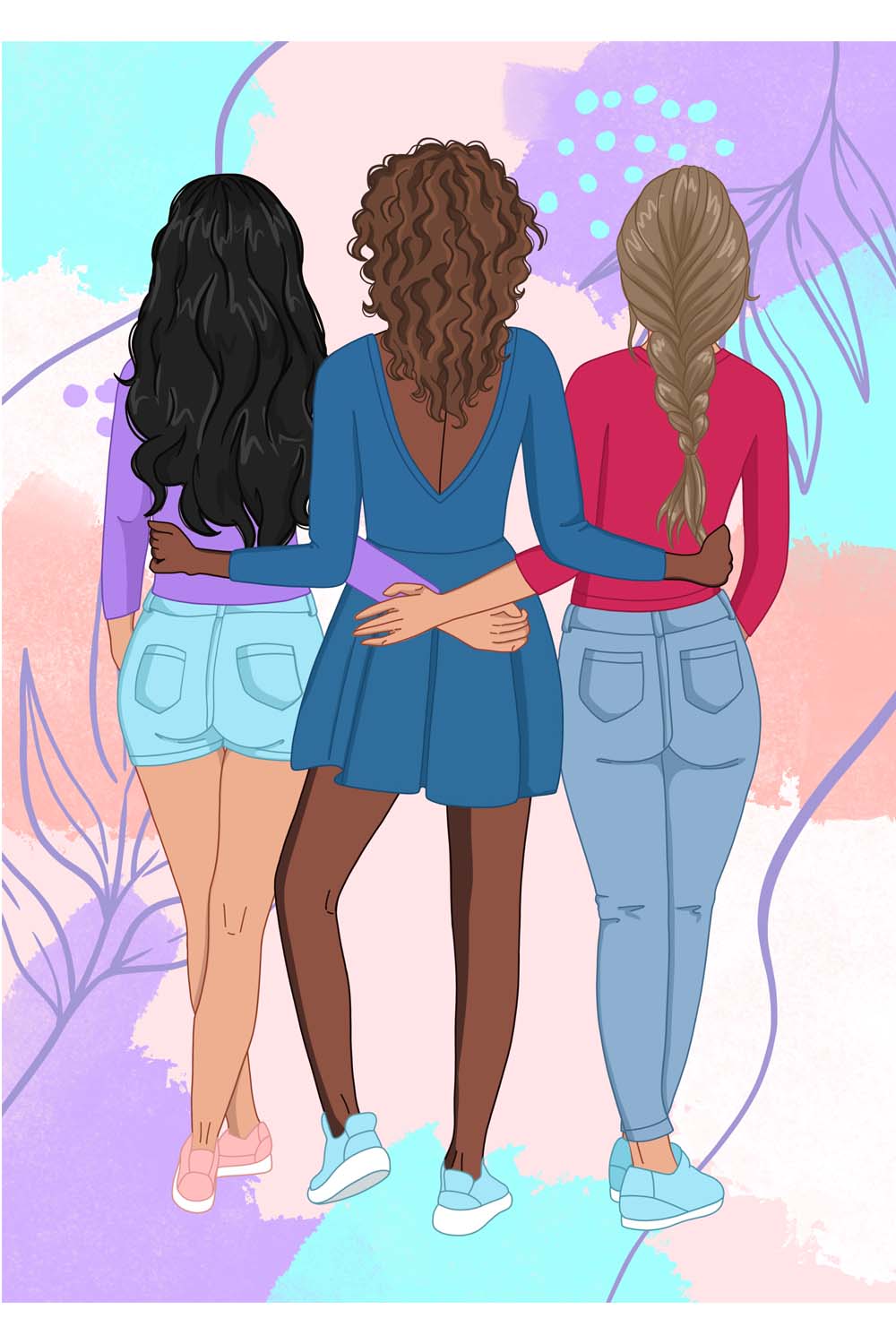 Drawn three girls in shorts, dress and jeans from the back.