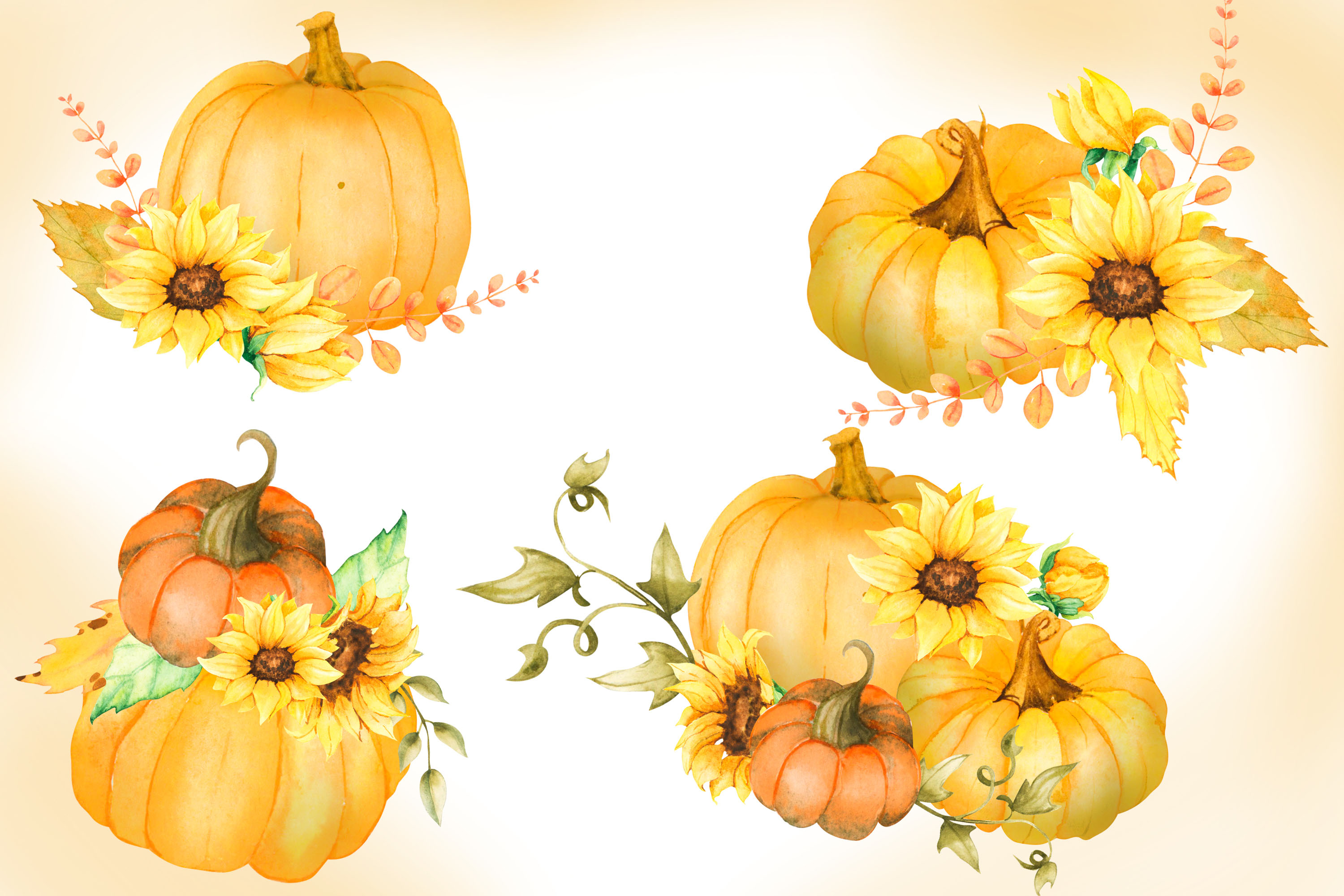 Pumpkins Autumn Watercolor Clipart compositions.