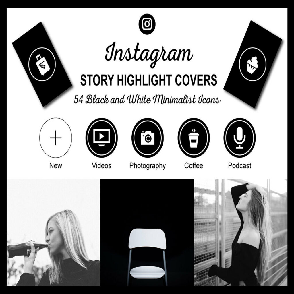 Instagram Story HighLight Covers (54 Black and White Minimalist Icons